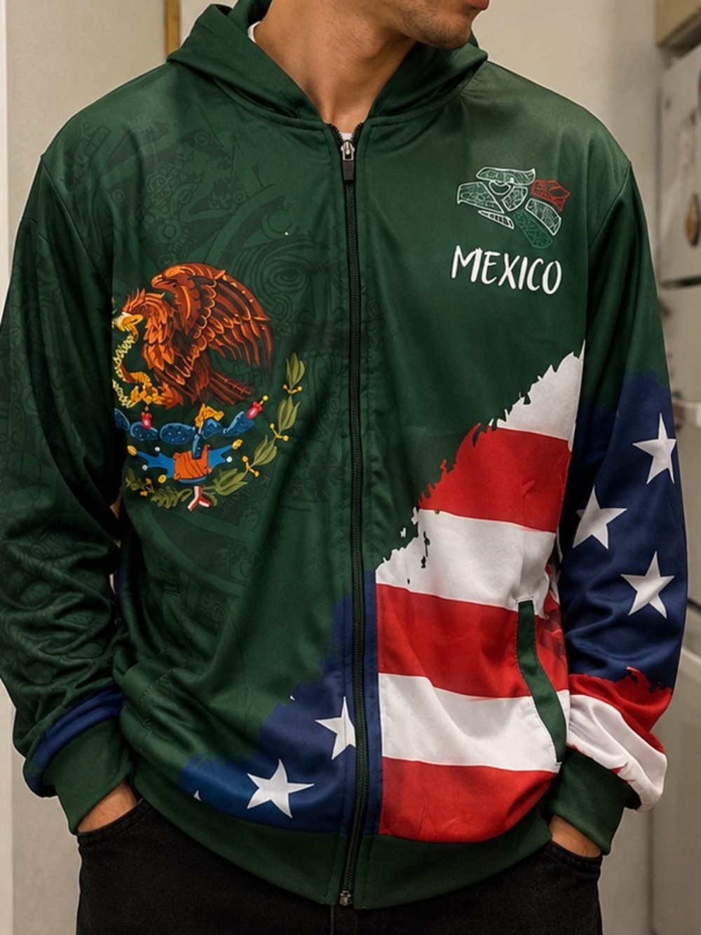 New Mexico Flag Print Hooded Jacket - Green Size XL